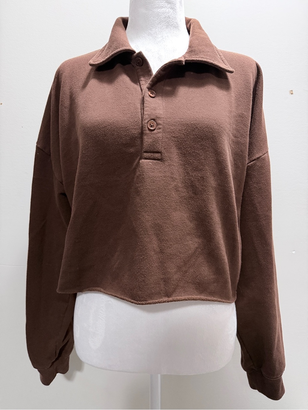 Aritzia Sunday Best Cropped Button-Front Long Sleeve Top - Brown Size M